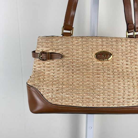 Etienne Aigner Handbag Purse Shoulder Bag Straw Jute Faux Leather 14 x 8 - Flaw - Picture 2 of 10
